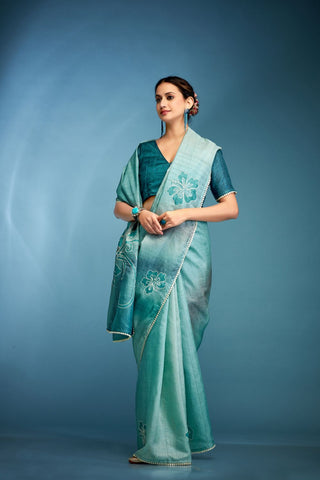 Blue Tussar Saree With Hand Based Work