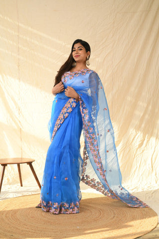 BLUE ORGANZA EMBROIDERED SAREE