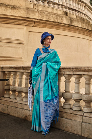 BLUE HANDLOOM WEAVING SILK SAREE