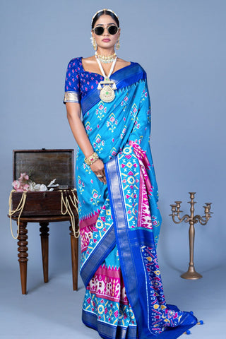 Blue Silk With Luxury Print And Glory Finish Saree_Kumari Sarees