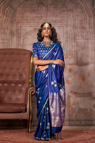 Blue Pure Satin Weaving Silk Saree