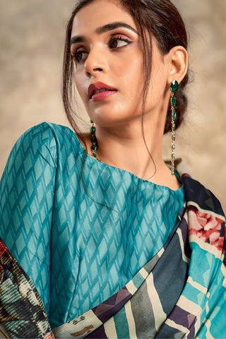 BLUE SATIN CREPE WITH DIGITAL PRINT SAREE