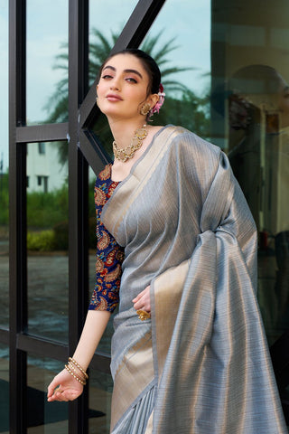 Blue Handloom Weaving Khadi Silk Saree_Kumari Sarees