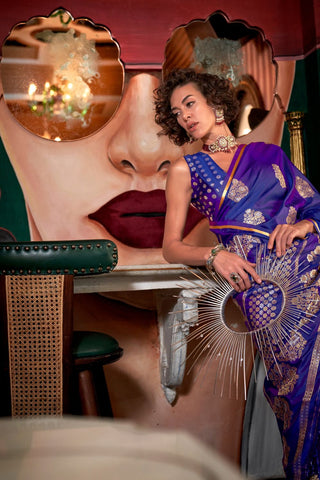 BLUE PURE SATIN HANDLOOM WEAVING SILK
