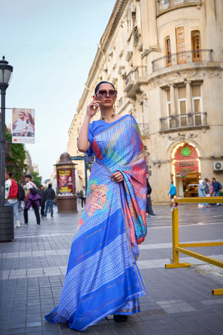 Blue Print-poly Viscose Handloom Weaving Saree