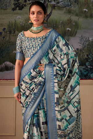 BLUE HANDLOOM TUSSAR WITH DIGITAL PRINT SAREE