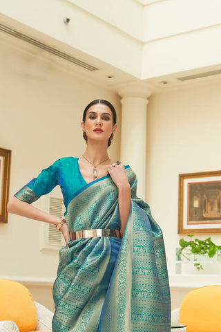 BLUE SEQUINS HANDLOOM WEAVING SAREE