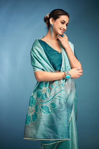 Blue Tussar Saree With Hand Based Work