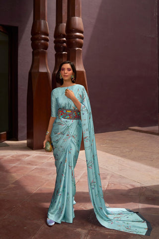 BLUE DIGITAL PRINTED SATIN CREPE SAREE