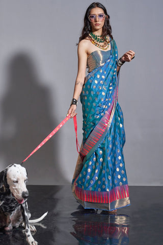 Blue Handwoven Weaving Silk Saree