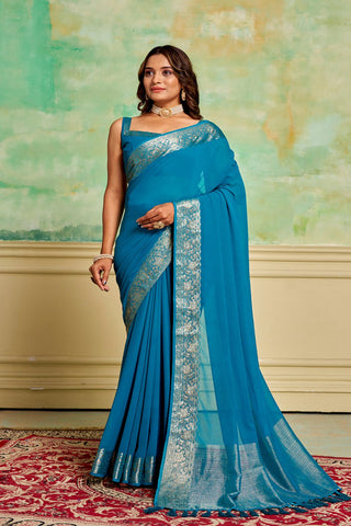 Blue Crepe Georgette Saree_Kumari Sarees