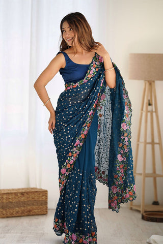 Blue Soft Georgette Saree_Kumari Sarees