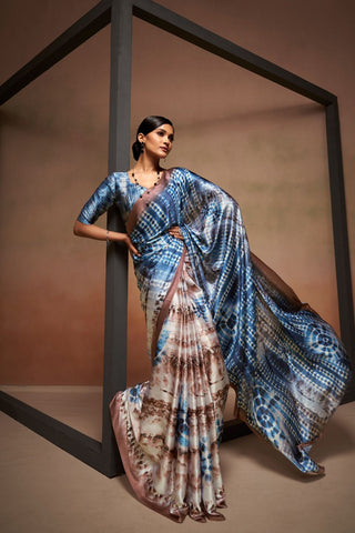 BLUE SATIN CREPE DIGITAL PRINT SAREE