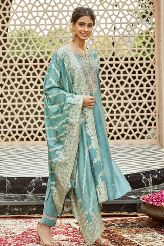 Blue Viscose Chanderi Embrodairy Stright Kurta Set_Kumari Sarees