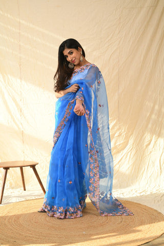 BLUE ORGANZA EMBROIDERED SAREE