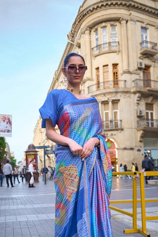 Blue Print-poly Viscose Handloom Weaving Saree