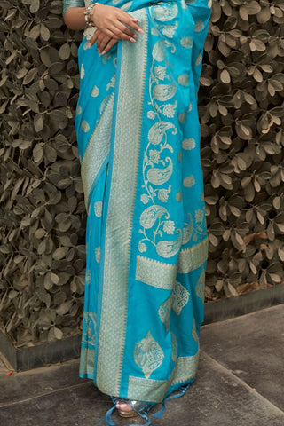 BLUE NYLON CHINON TWO - TONE WEAVING SAREE