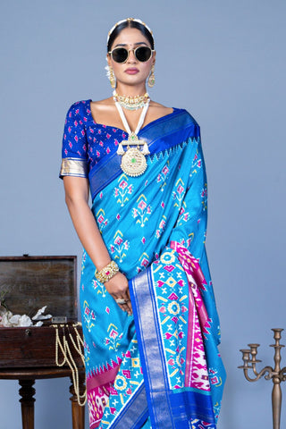 Blue Silk With Luxury Print And Glory Finish Saree_Kumari Sarees