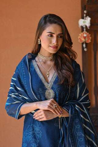Blue Reyon Embroidery Teby Silk Kurta Silk