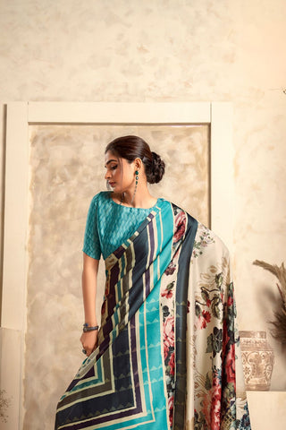 BLUE SATIN CREPE WITH DIGITAL PRINT SAREE