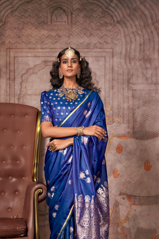 Blue Pure Satin Weaving Silk Saree