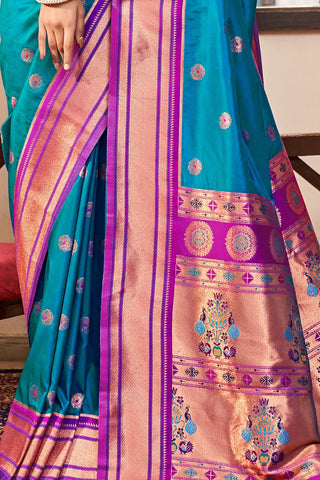 BLUE SOFT PESHWAI PAITHANI SILK SAREE