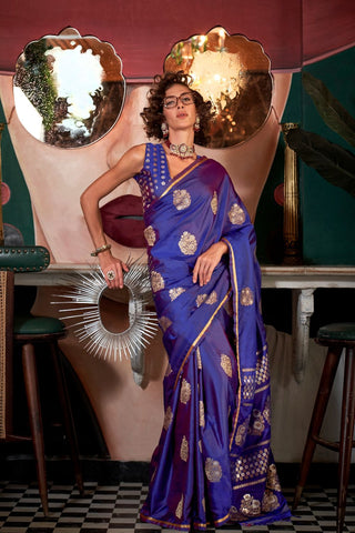 BLUE PURE SATIN HANDLOOM WEAVING SILK