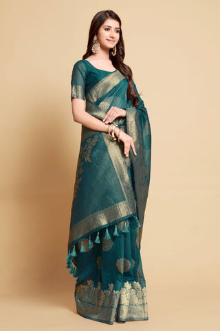 BLUE LINEN CHANDERI SAREE