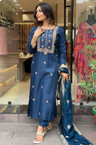Blue Viscose Reyon Jacquard Embroidery Kurta Set