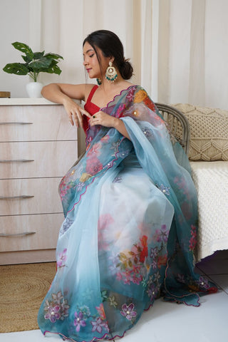 BLUE ORGANZA HANDWORK DIGITAL PRINT SAREE