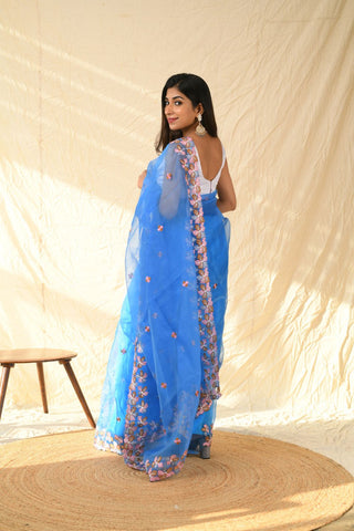 BLUE ORGANZA EMBROIDERED SAREE