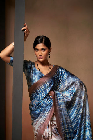 BLUE SATIN CREPE DIGITAL PRINT SAREE