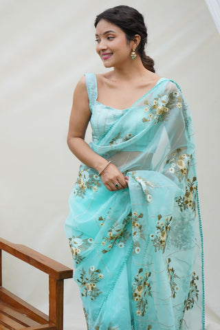 Blue Organza Silk Saree