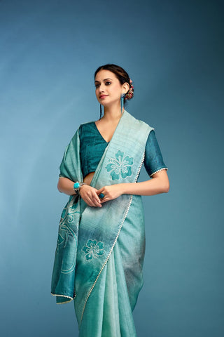 Blue Tussar Saree With Hand Based Work