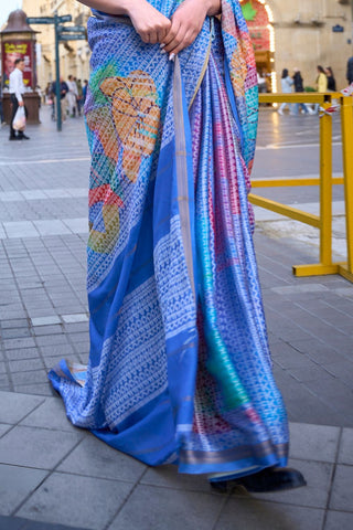 Blue Print-poly Viscose Handloom Weaving Saree