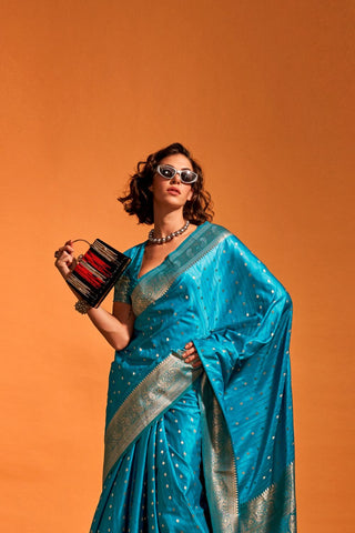 Blue Satin Handloom Woven Saree_Kumari Sarees