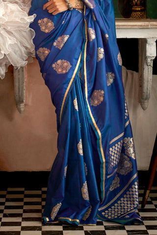 Blue Pure Satin Handloom Weaving Silk Saree