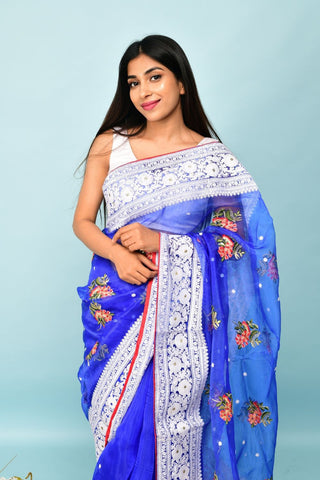 BLUE SOFT ORGANZA SILK SAREE