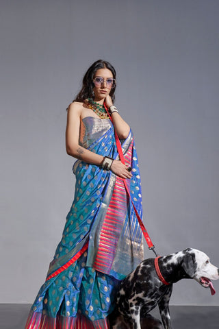 Blue Handwoven Weaving Silk Saree