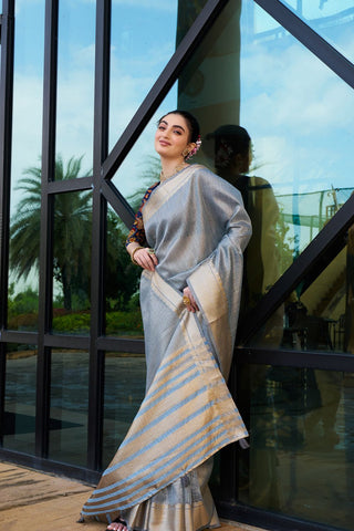 Blue Handloom Weaving Khadi Silk Saree_Kumari Sarees