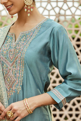 Blue Viscose Chanderi Embrodairy Stright Kurta Set_Kumari Sarees