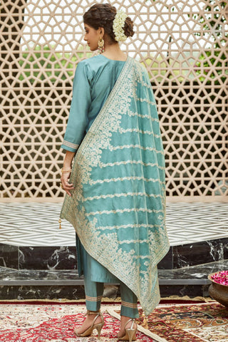 Blue Viscose Chanderi Embrodairy Stright Kurta Set_Kumari Sarees