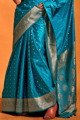 Blue Satin Handloom Woven Saree_Kumari Sarees