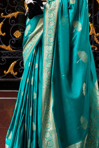 Blue Pure Satin Silk Crepe Saree