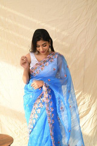 BLUE ORGANZA EMBROIDERED SAREE