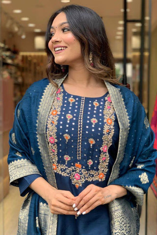 Blue Viscose Reyon Jacquard Embroidery Kurta Set