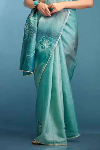 Blue Tussar Saree With Hand Based Work