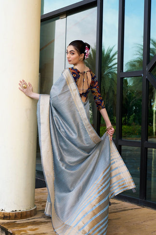 Blue Handloom Weaving Khadi Silk Saree_Kumari Sarees