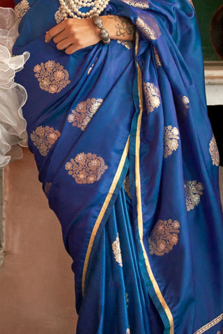 Blue Pure Satin Handloom Weaving Silk Saree