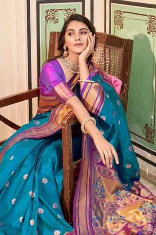 BLUE SOFT PESHWAI PAITHANI SILK SAREE